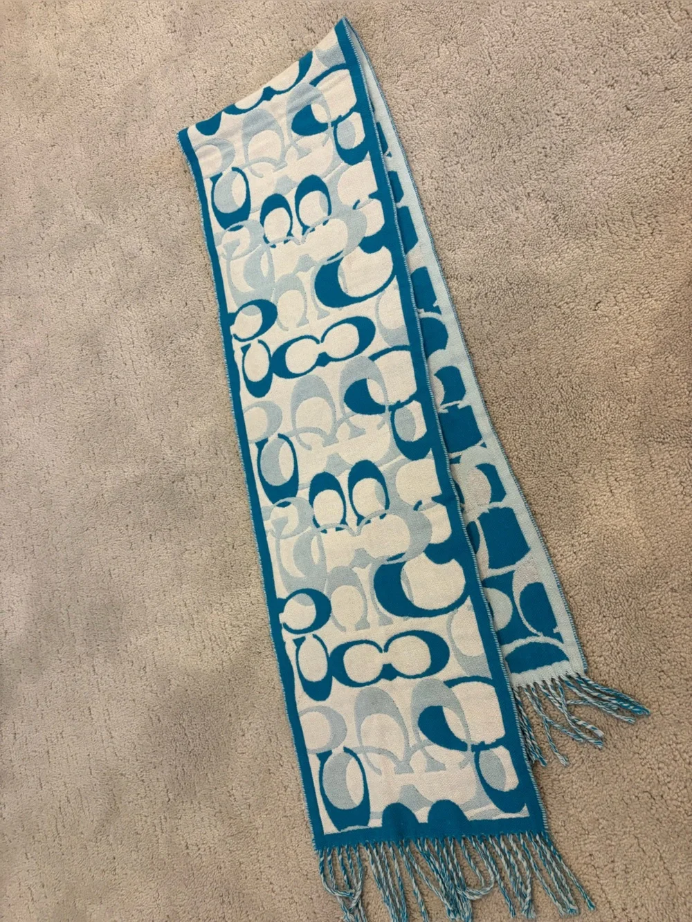 Blue Coach Signature patterned reversible scarf fringe 100% Merino Wool